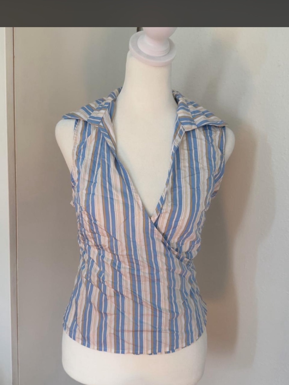 Striped Blue & White Sleeveless Wrap Top